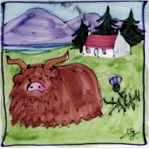 Highland cow and house square hand-painted tile