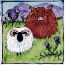 Highland cow and sheep square hand-painted tile