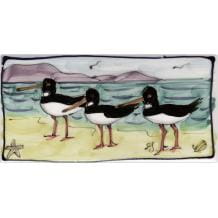 Three oystercatchers long hand-painted tile