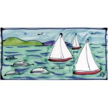 Yachts and dolphins long hand-painted tile