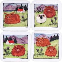 Set of four Highland cows cork coasters