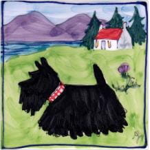 Scottie dog and house square hand-painted tile