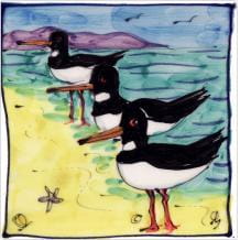 Oystercatchers square hand-painted tile