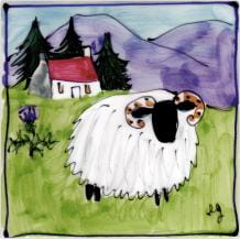 Sheep and house square hand-painted tile