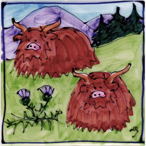 Highland cows square hand-painted tile