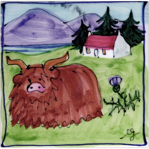 Highland cow and house square hand-painted tile