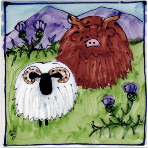 Highland cow and sheep square hand-painted tile