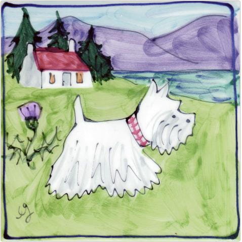 Westie dog and house square hand-painted tile