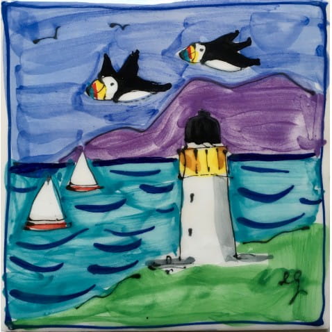 New! Puffins and lighthouse square tile