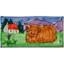 Highland cow and house long hand-painted tile