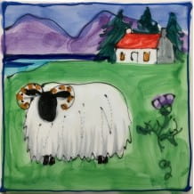 Sheep and house square hand-painted tile