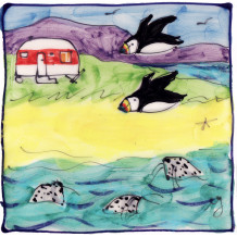 Puffins and caravan square hand-painted tile