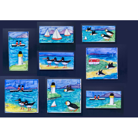 Puffins and caravan square hand-painted tile
