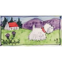 Westie dog and house, long hand-painted tile