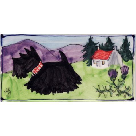 Scottie dog and house long hand-painted tile