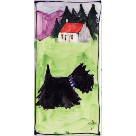 Portrait Scottie dog and house long hand-painted tile