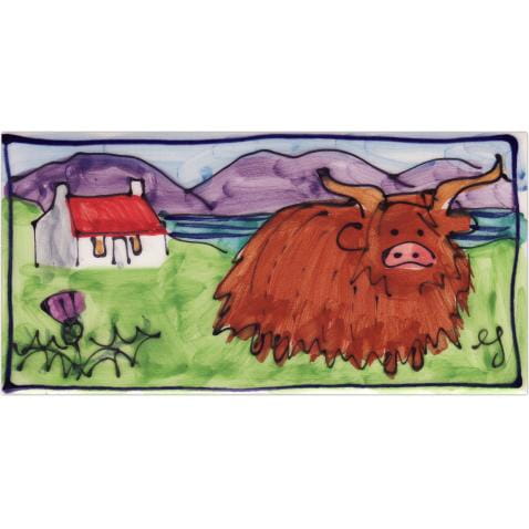 Highland cow and house long hand-painted tile