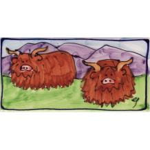 Two Highland cows long hand-painted tile