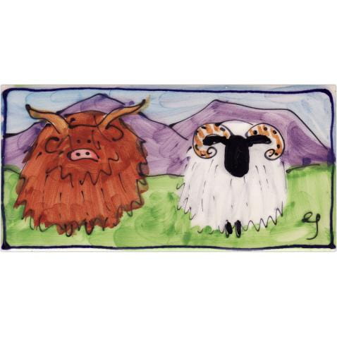 Highland cow and sheep long hand-painted tile