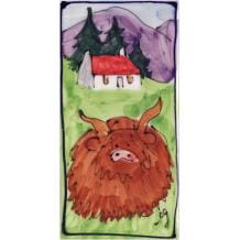 Portrait Highland cow and house long hand-painted tile