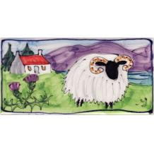 Sheep and house long hand-painted tile