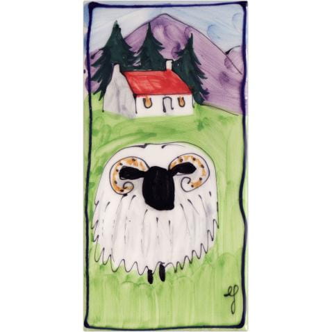 Portrait sheep and house long hand-painted tile
