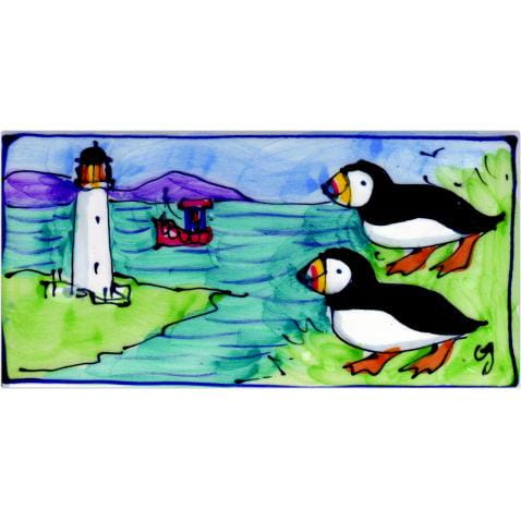 Lighthouse and puffins long hand-painted tile