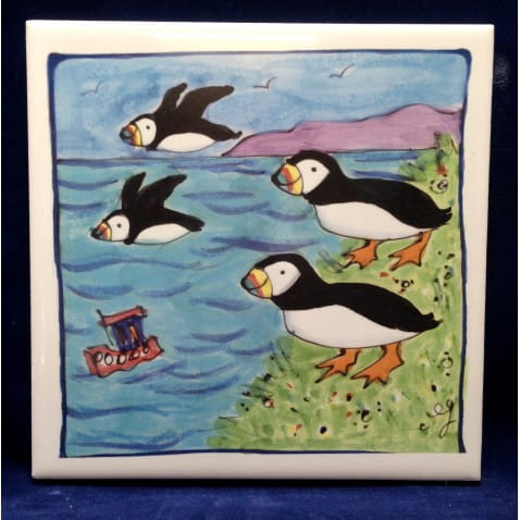 Puffins large printed tile