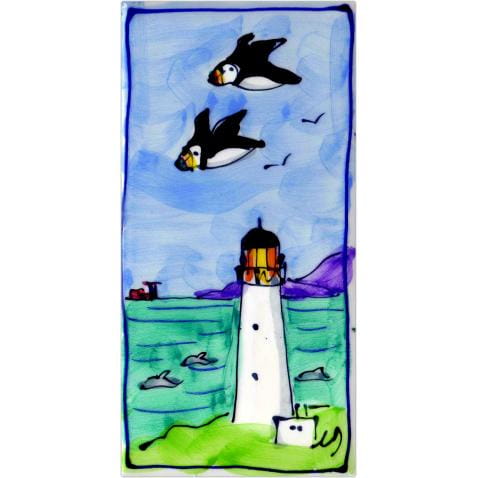 Portrait flying puffins and lighthouse long hand-painted tile