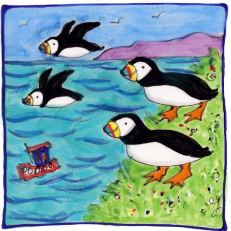 Four puffins square hand-painted tile