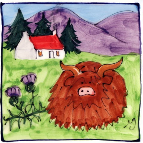 Facing Highland cow and house square hand-painted tile