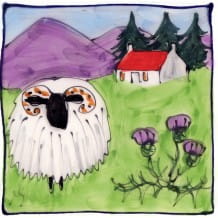 Facing sheep and house square hand-painted tile