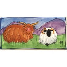 Highland cow and sheep long hand-painted tile