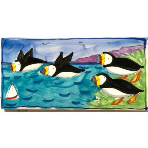 Four puffins long hand-painted tile