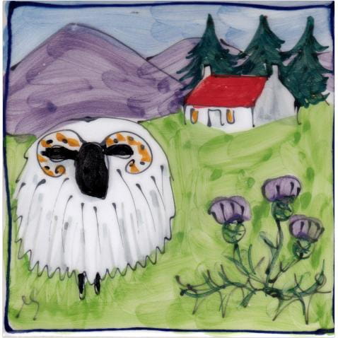 Facing sheep and house square hand-painted tile