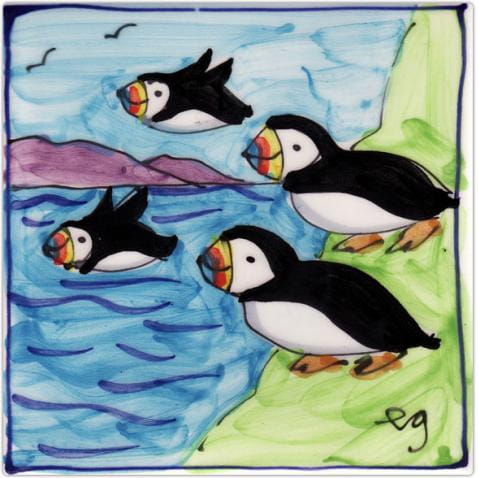 Four puffins square hand-painted tile