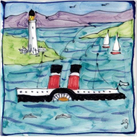 Lighthouse and Waverley square hand-painted tile