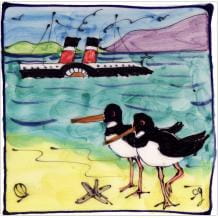 Waverley and oystercatchers square hand-painted tile