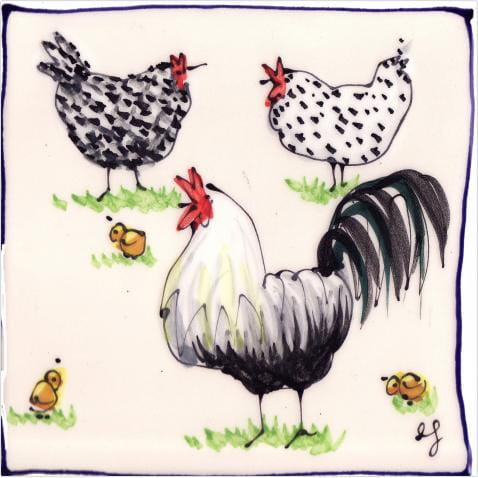 Cockerel and two hens square hand-painted tile