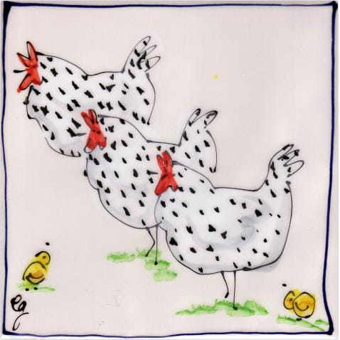 Three speckled hens in a row square hand-painted tile
