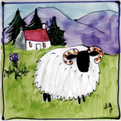 Sheep and house square hand-painted tile